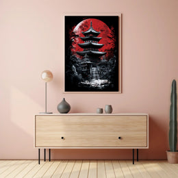 Traditional Japanese Pagoda with Red Moon Cultural Poster