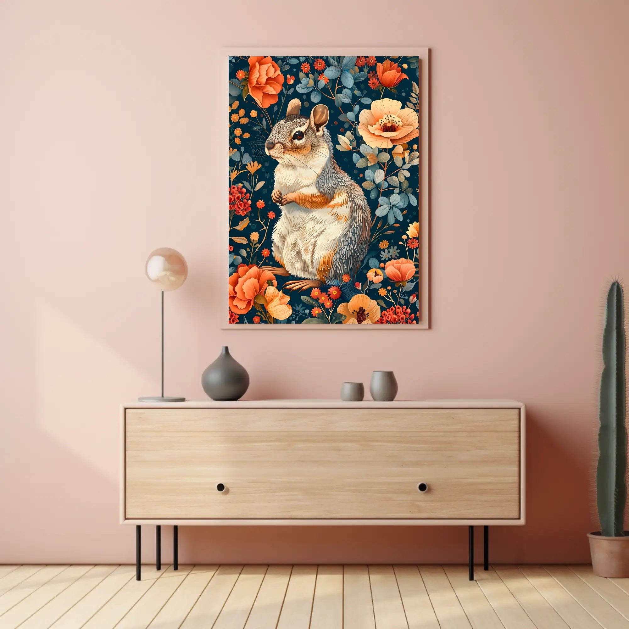 Whimsical Squirrel and Flowers Vibrant Animal Poster