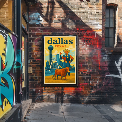 Dallas Cowboy Longhorn Skyline Bridge Sphere Vintage Travel Poster Wall Art