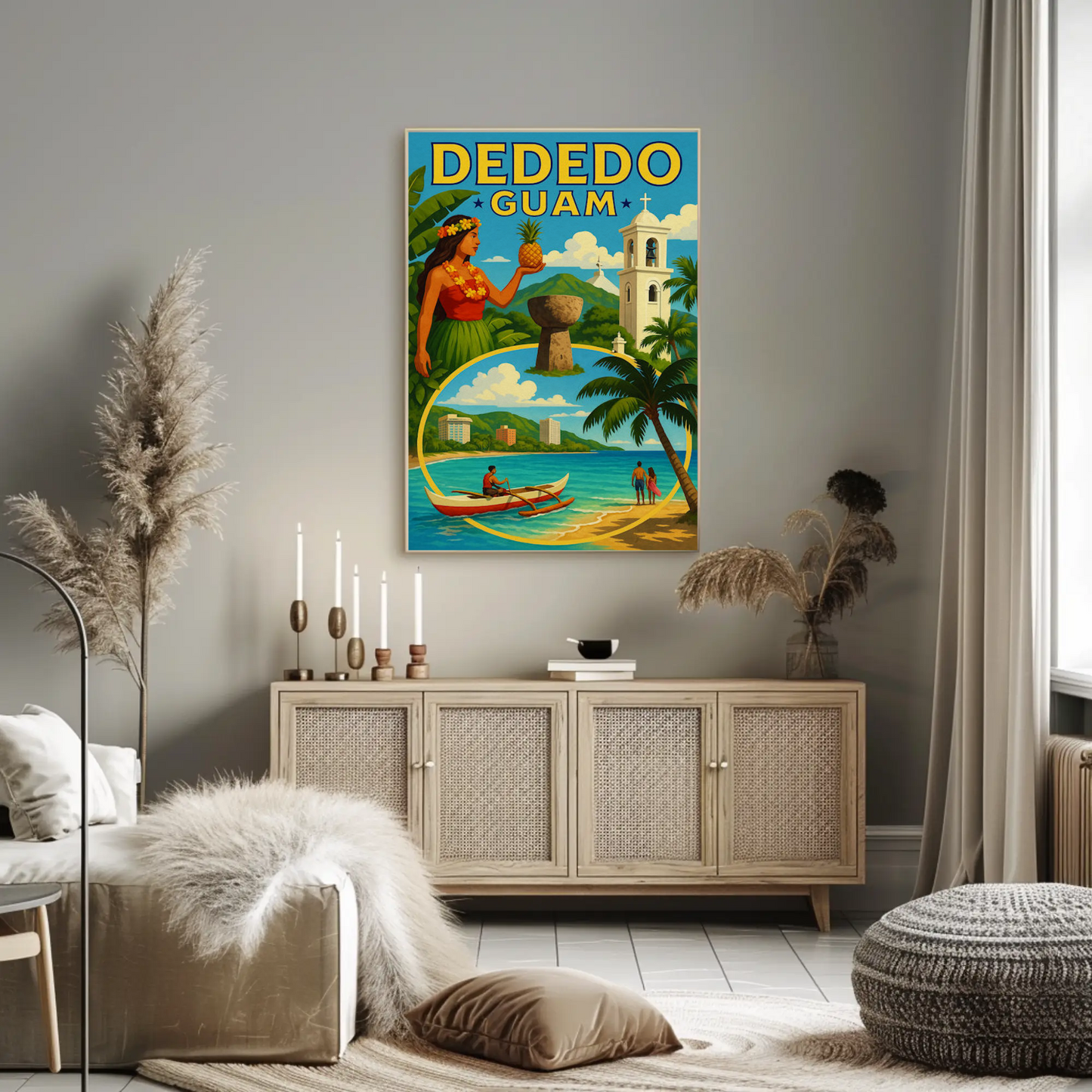 Dededo Guam Island Culture Mountains Canoe Travel Poster