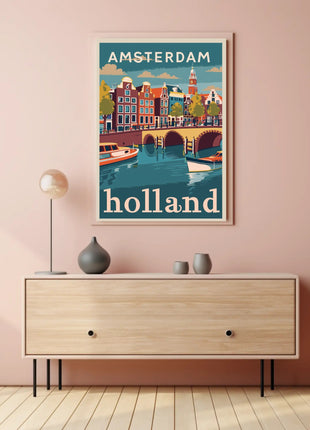 Amsterdam Canal Houses Scenic Vintage Travel Poster