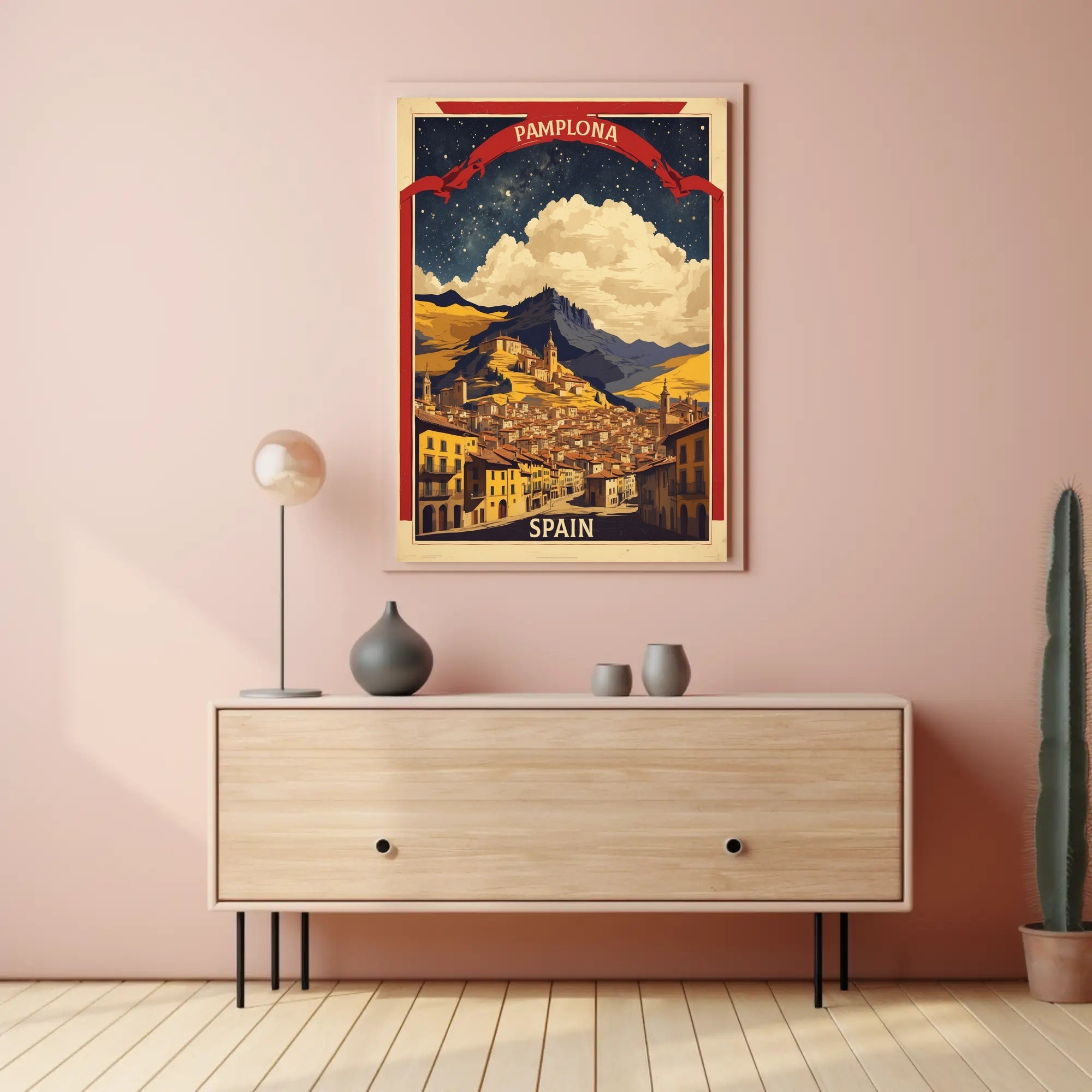 Pamplona Vintage Cityscape Night Sky Travel Poster