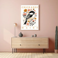 Chickadee Maine State Bird Botanical Art Poster