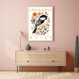 Chickadee Maine State Bird Botanical Art Poster