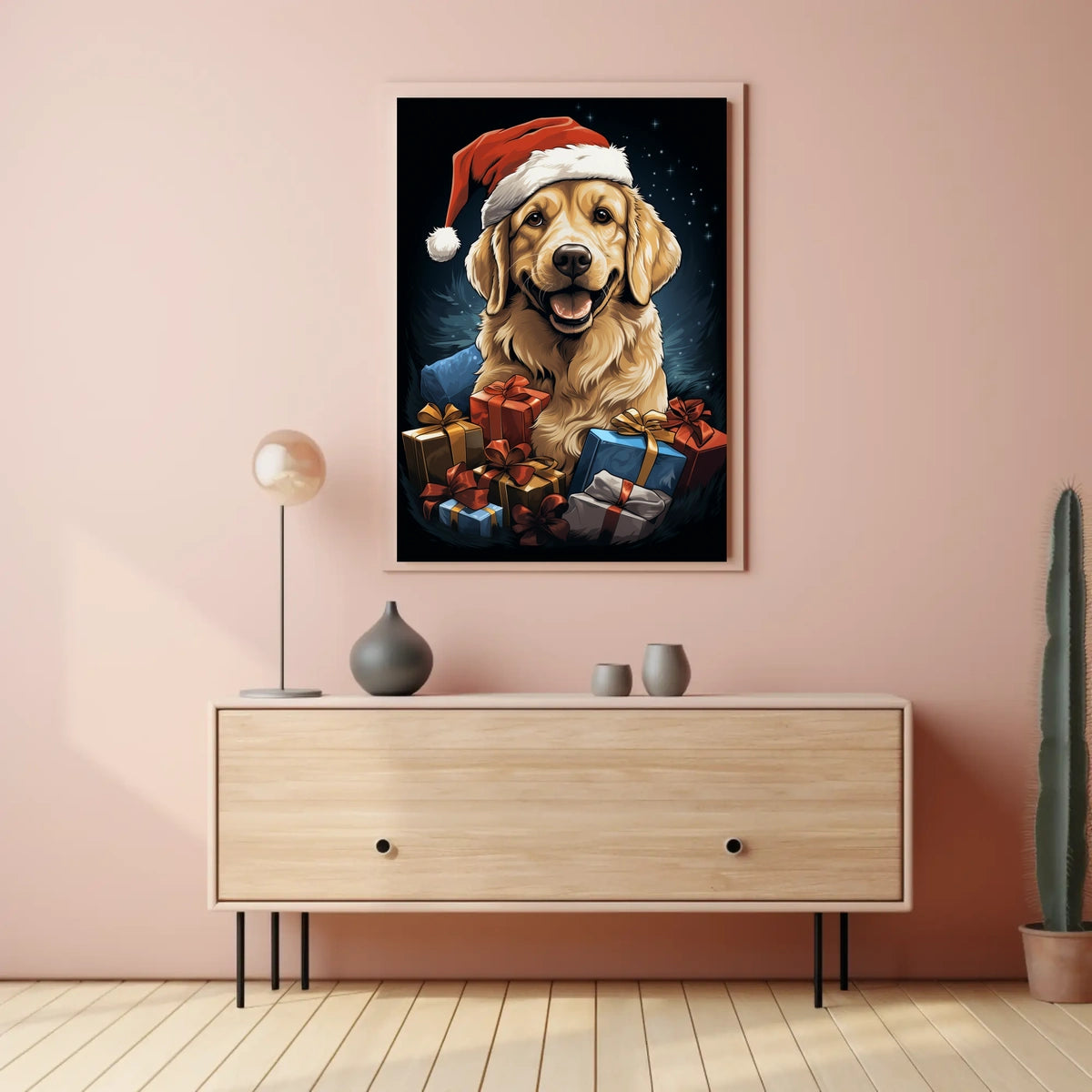 Golden Retriever Christmas Poster with Santa Hat