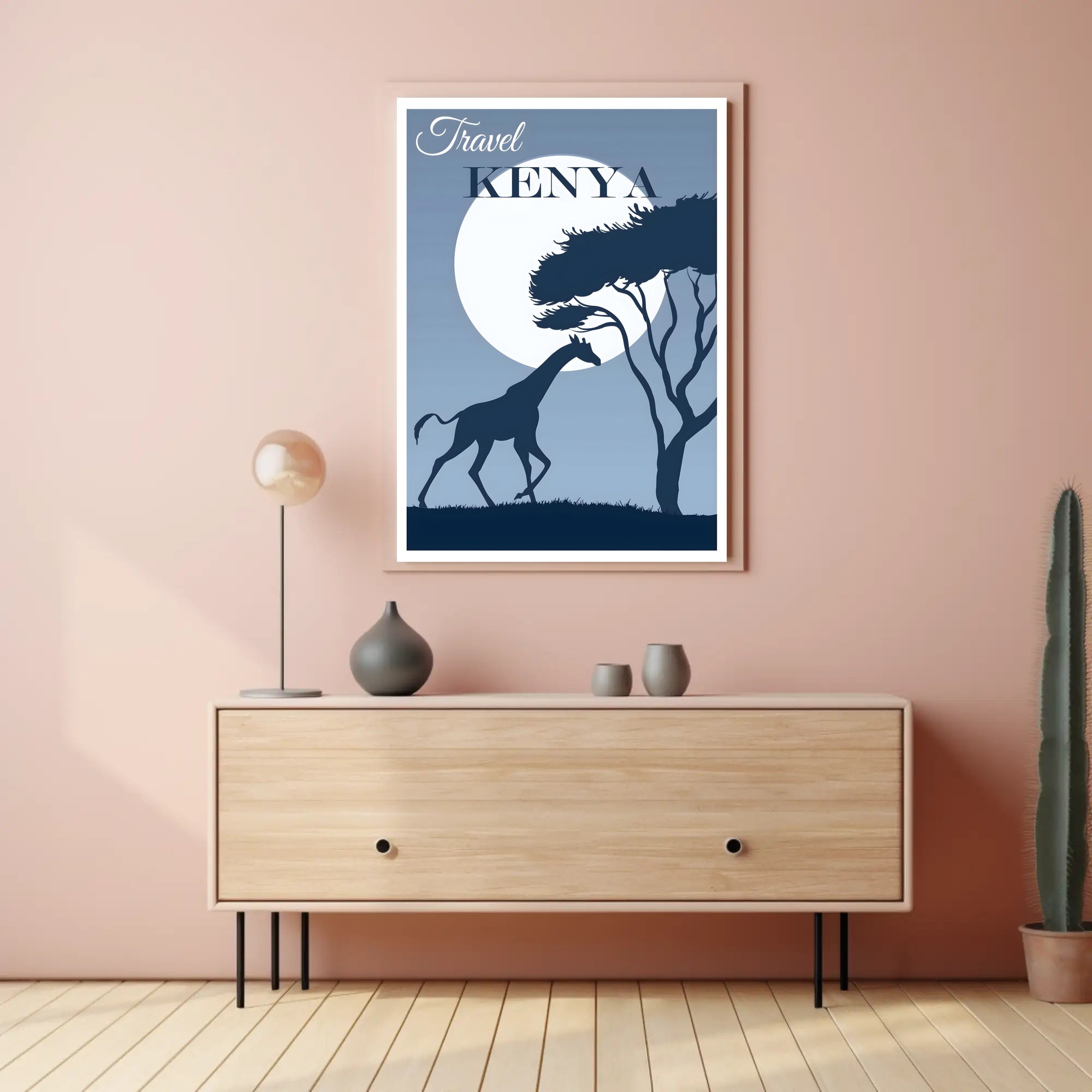 Kenya Sunset Silhouette: Giraffe at Moonrise Travel Poster