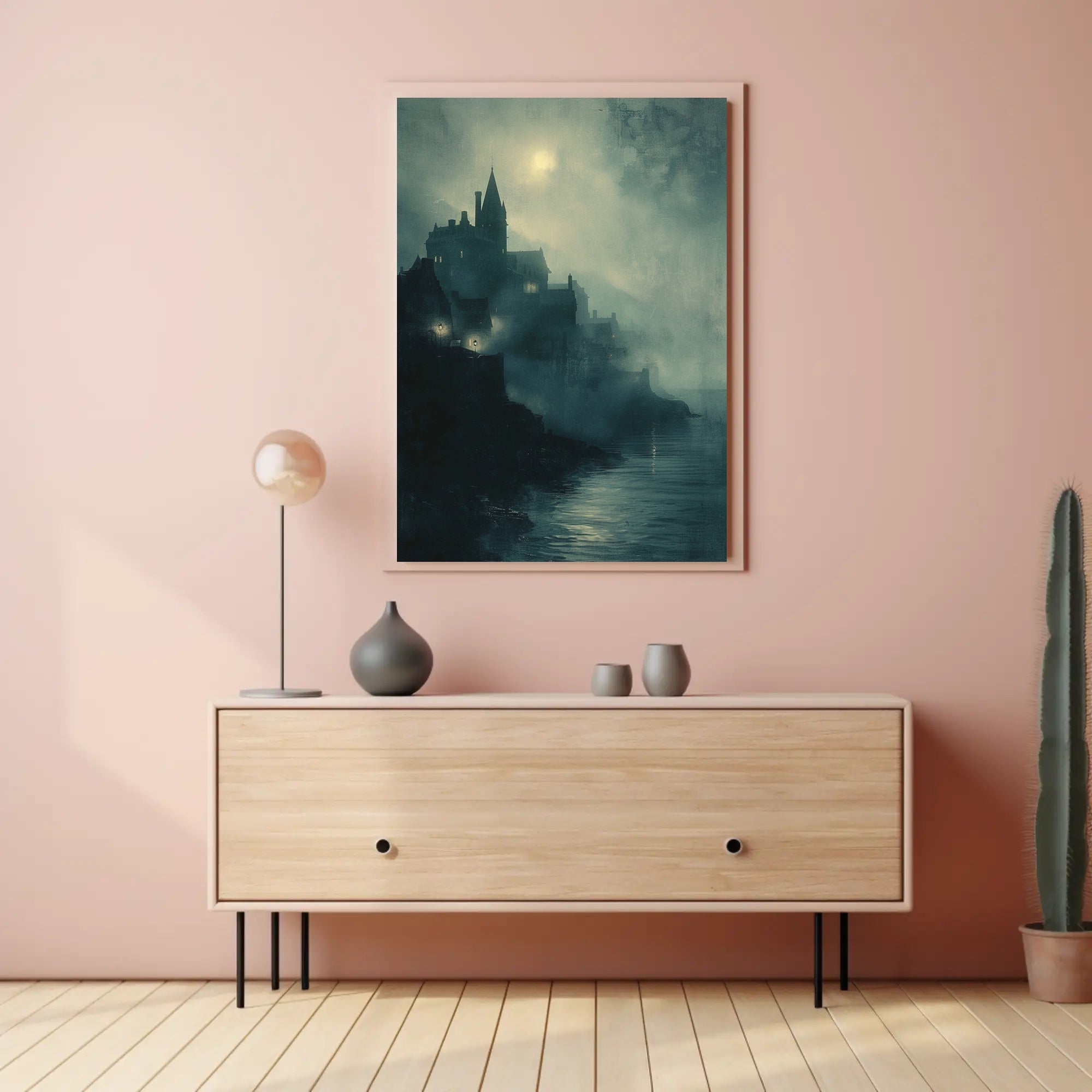 Gothic Castle Overlooking Moonlit Cliff: Fantasy or Mythology Poster PosterGoat