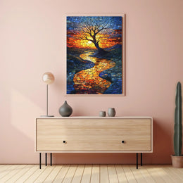 Vibrant Mosaic Sunset Landscape Artistic Poster