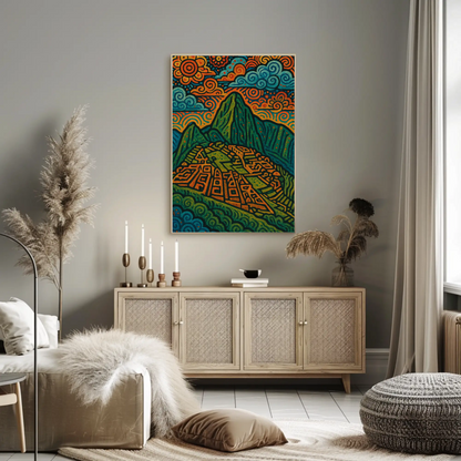 Machu Picchu Mountains Folk Art Travel Poster