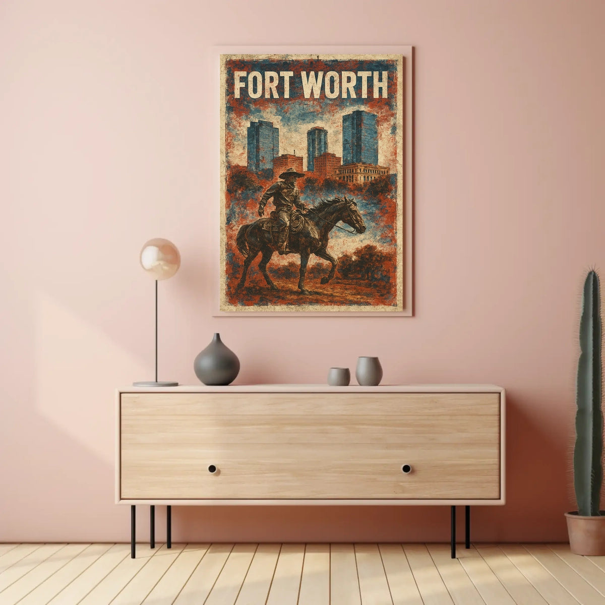 Fort Worth Cowboy Cityscape Vintage Collector Poster