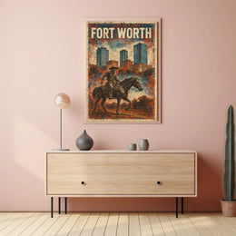 Fort Worth Cowboy Cityscape Vintage Collector Poster