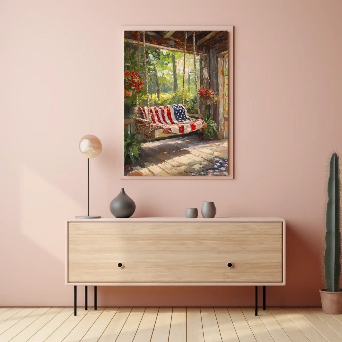 rustic porch swing draped with an American flag Poster