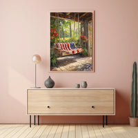 rustic porch swing draped with an American flag Poster