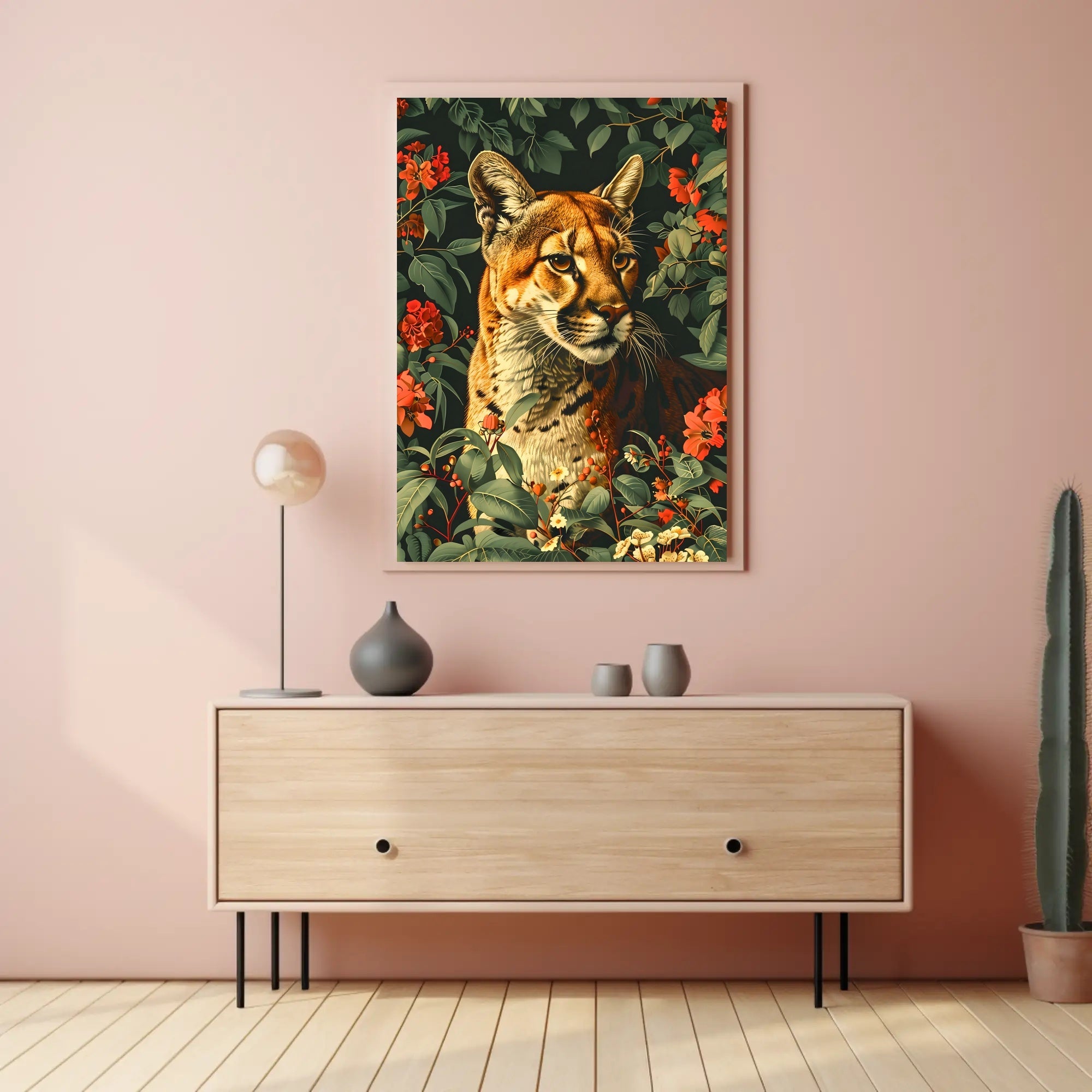Majestic Cougar in Bloom Wall Art Print