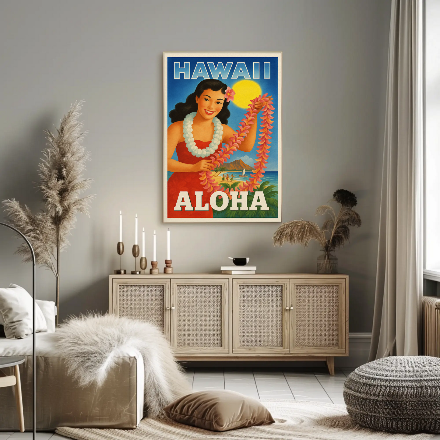 Vintage Hawaii Girl Lei Diamond Head Beach Travel Poster