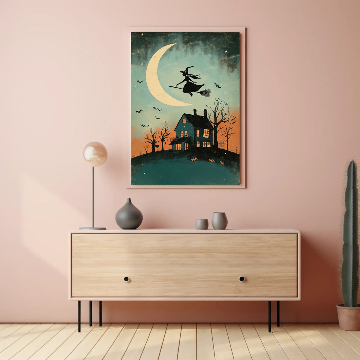 Witch and Moon Halloween Vintage Spooky Whimsical Poster