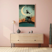 Witch and Moon Halloween Vintage Spooky Whimsical Poster