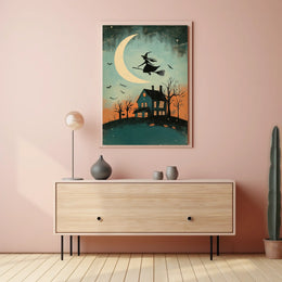 Witch and Moon Halloween Vintage Spooky Whimsical Poster