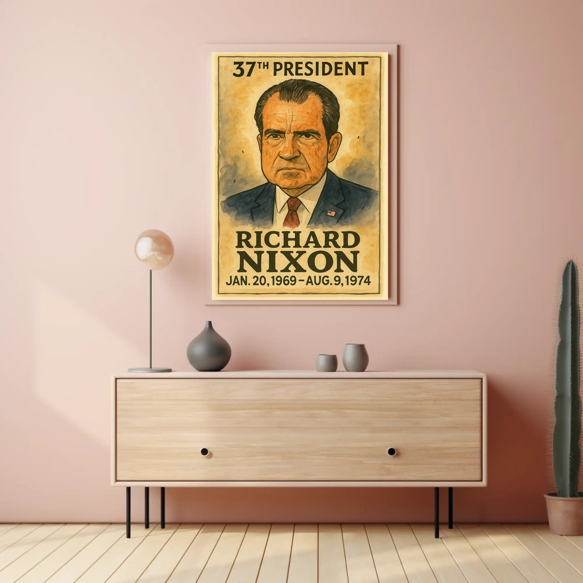 Richard Nixon 37th President of the United States Exaggerated Cartoon Sketch Poster
