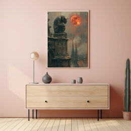 Gothic Gargoyle Under a Fiery Moon Fantasy Poster PosterGoat