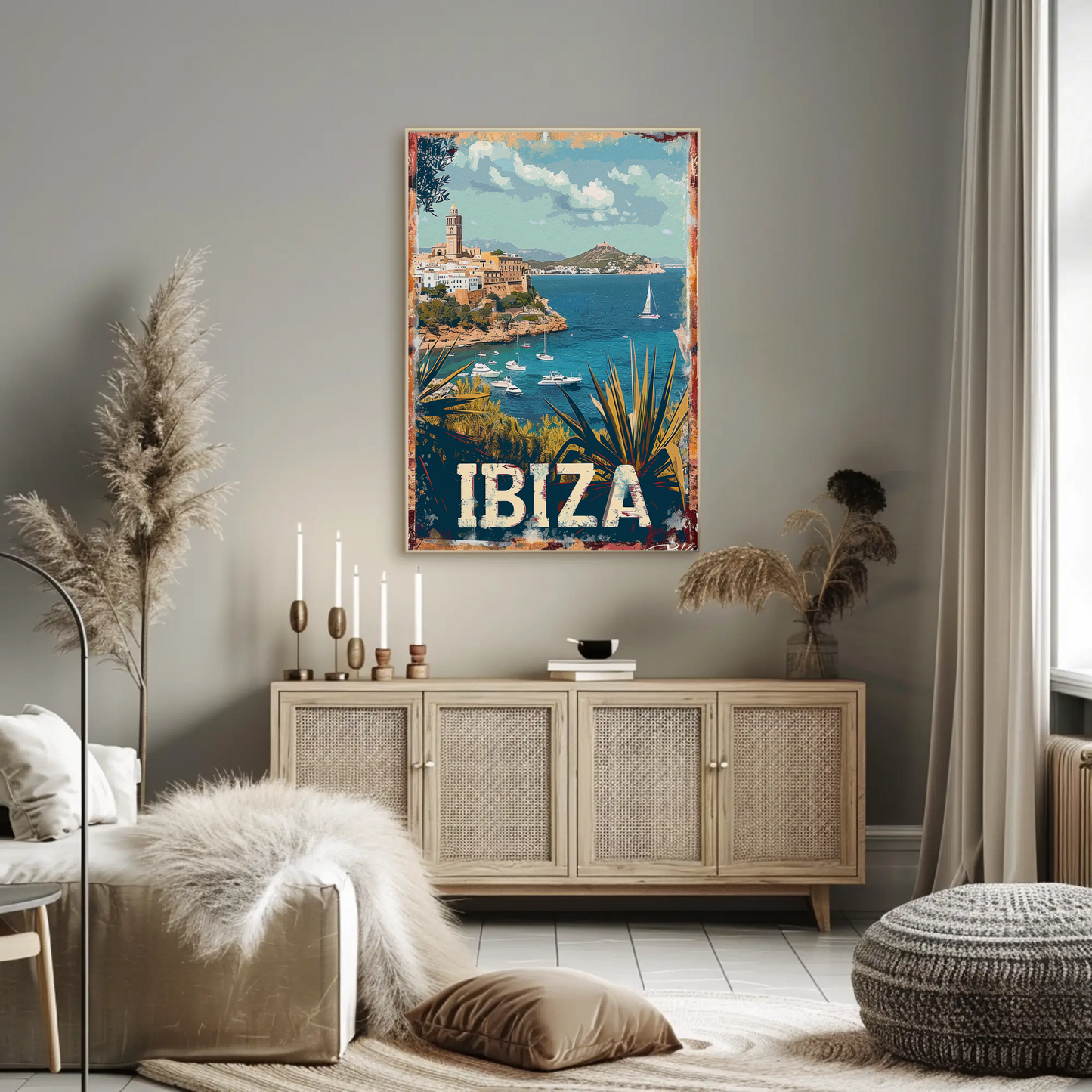 Ibiza Cliffside Town and Sailing Bay Travel Poster