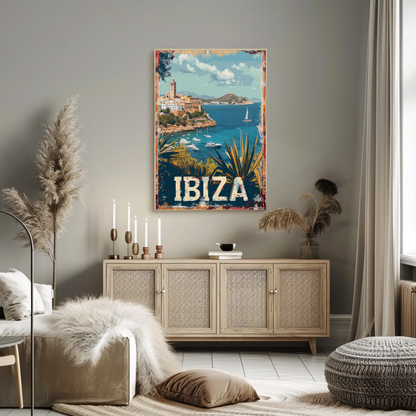 Ibiza Cliffside Town and Sailing Bay Travel Poster