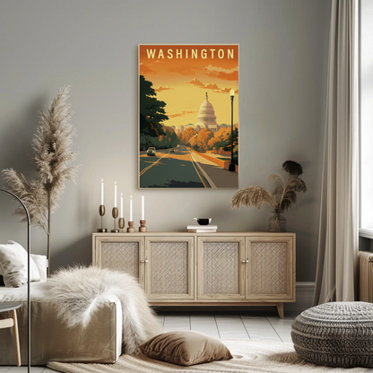 Washington USA Capitol Building Autumn Street Travel Poster