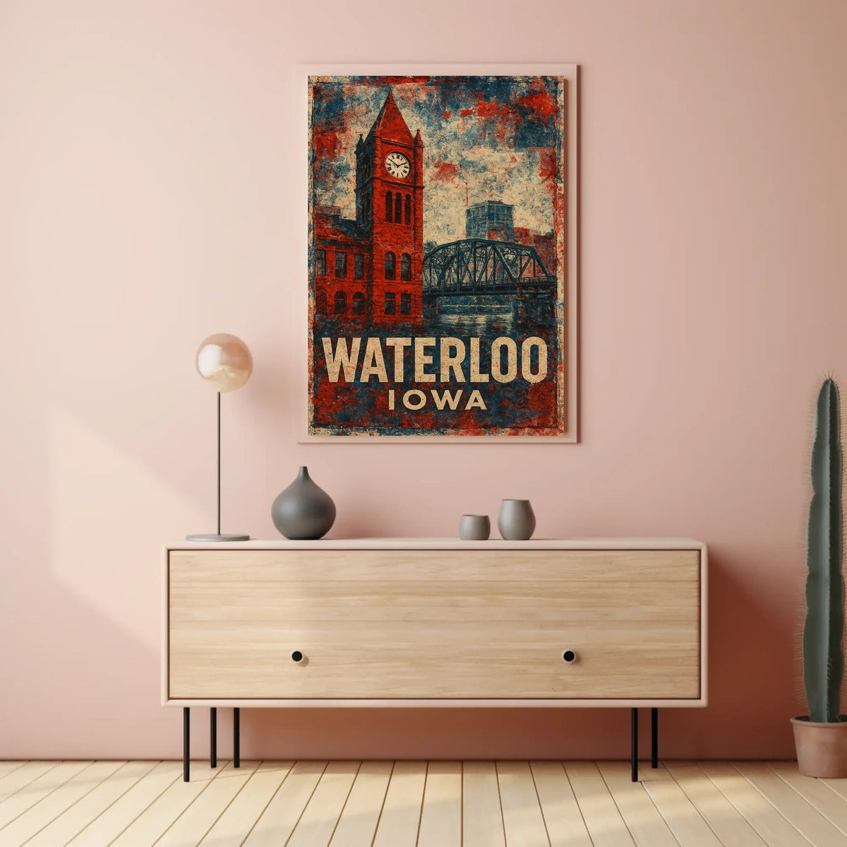 Waterloo Iowa Clock Tower Americana Vintage Poster