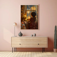 Little Girl Watching Fireworks Night Scene Cozy Poster