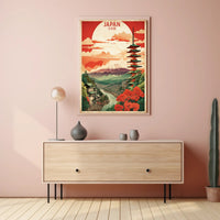Vintage Travel Poster Featuring Japan's Mount Fuji and Pagoda