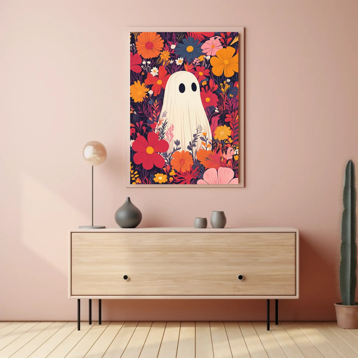 Ghostly Figure Amidst Flowers Whimsical Playful Poster