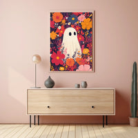 Ghostly Figure Amidst Flowers Whimsical Playful Poster