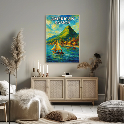 American Samoa Sailing Boats Mountain Coast Travel Poster
