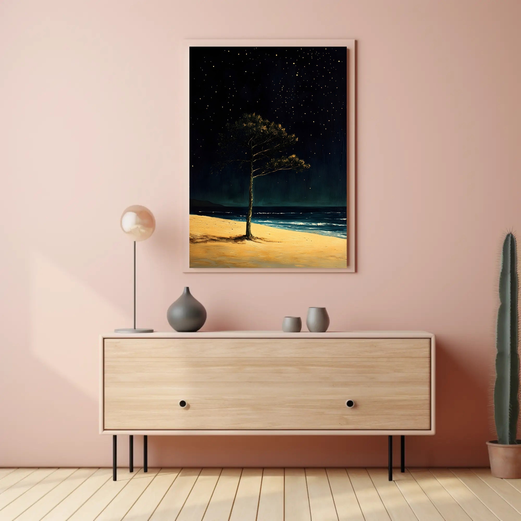 Solitary Tree Poster Starry Night Minimalist Beach