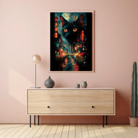 Surreal Cityscape Poster with Floating Black Cat