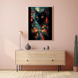 Surreal Cityscape Poster with Floating Black Cat