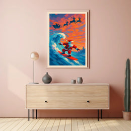 Santa Surfing Christmas Poster: Beach Meets Holiday Cheer