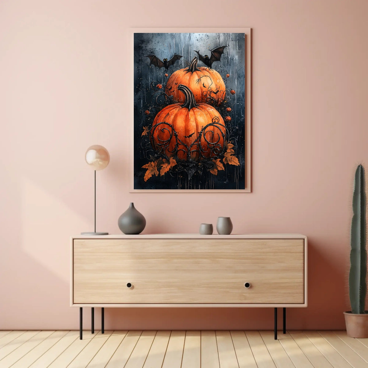 Halloween Pumpkin and Bat Spooky Scene Artistic Poster
