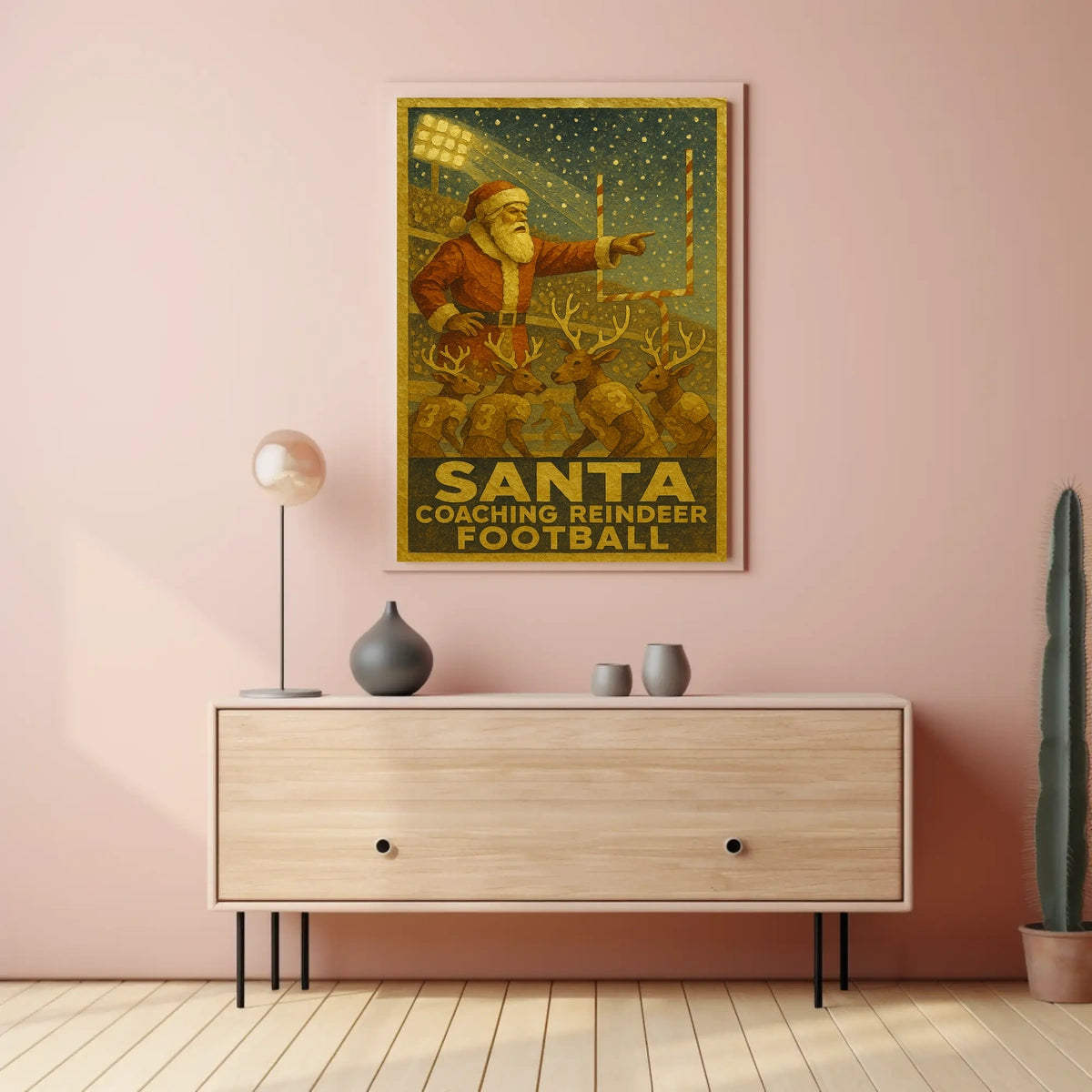 Santa Coaching Reindeer Football Poster
