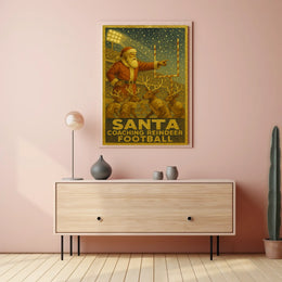 Santa Coaching Reindeer Football Poster