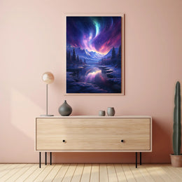 Aurora Over Alpine River: Abstract, Artistic, or Pop Culture Poster