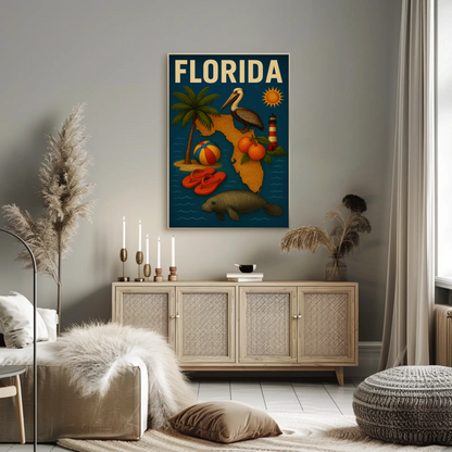 Florida State Symbols Pelican Map Lighthouse Travel Poster