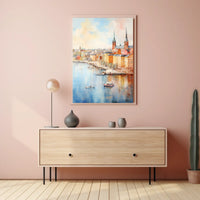 Picturesque European Cityscape on Waterfront Travel Poster