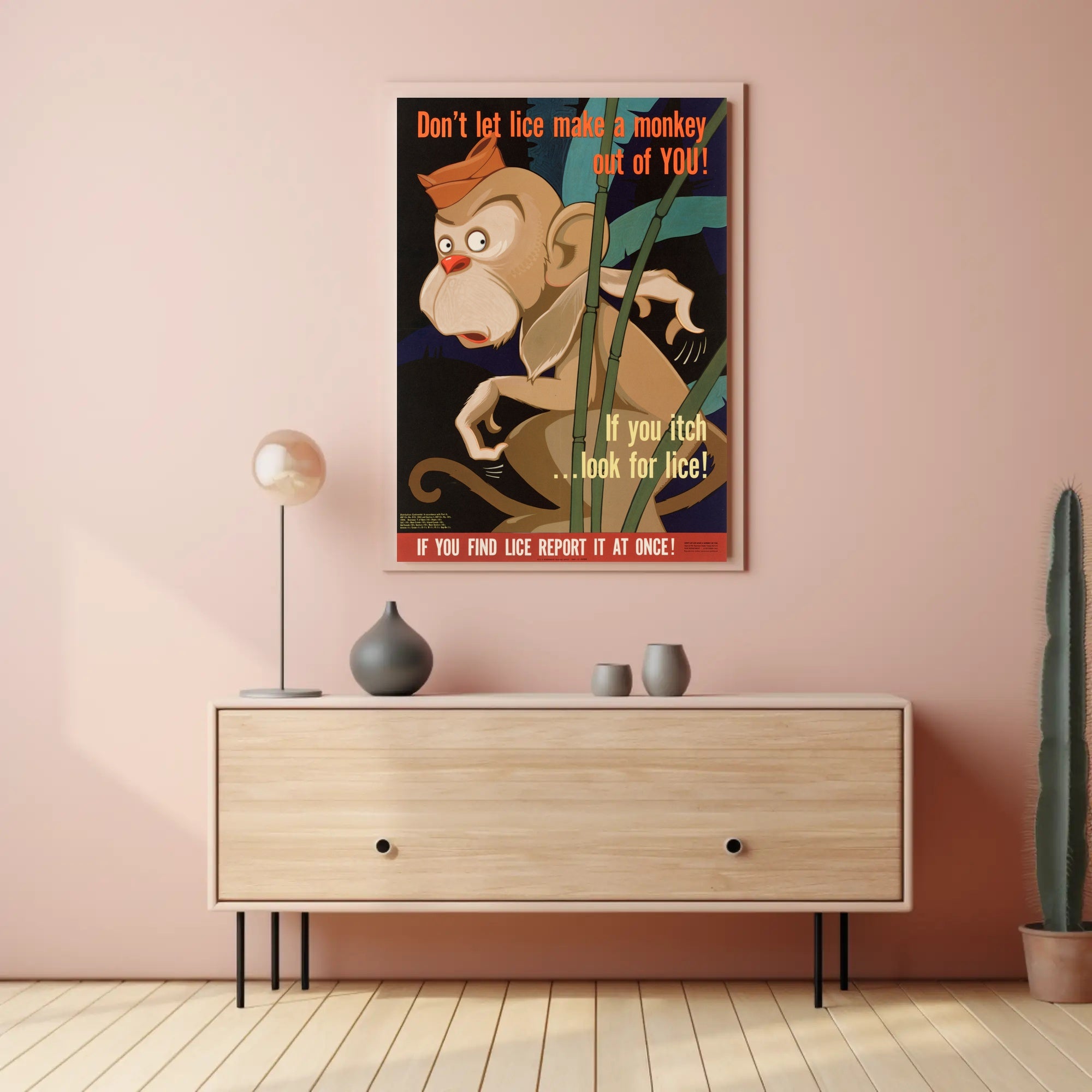 Vintage Cartoon Monkey Lice Prevention Educational Poster PosterGoat