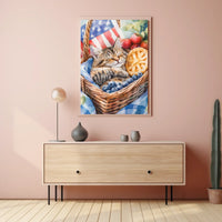 Fluffy Tabby Cat Sleeping In Basket With Fruit Poster
