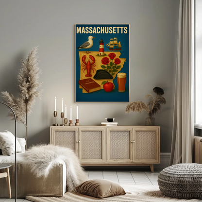 Massachusetts Symbols Map Lobster Ship Hat Poster