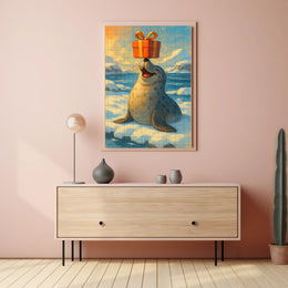 Joyful Seal With A Gift Poster