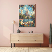 Barcelona Travel Poster with Sagrada Familia and Sunlit Scene