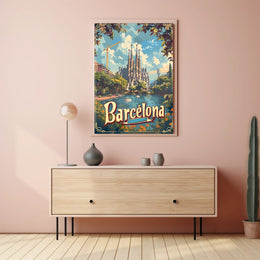 Barcelona Travel Poster with Sagrada Familia and Sunlit Scene