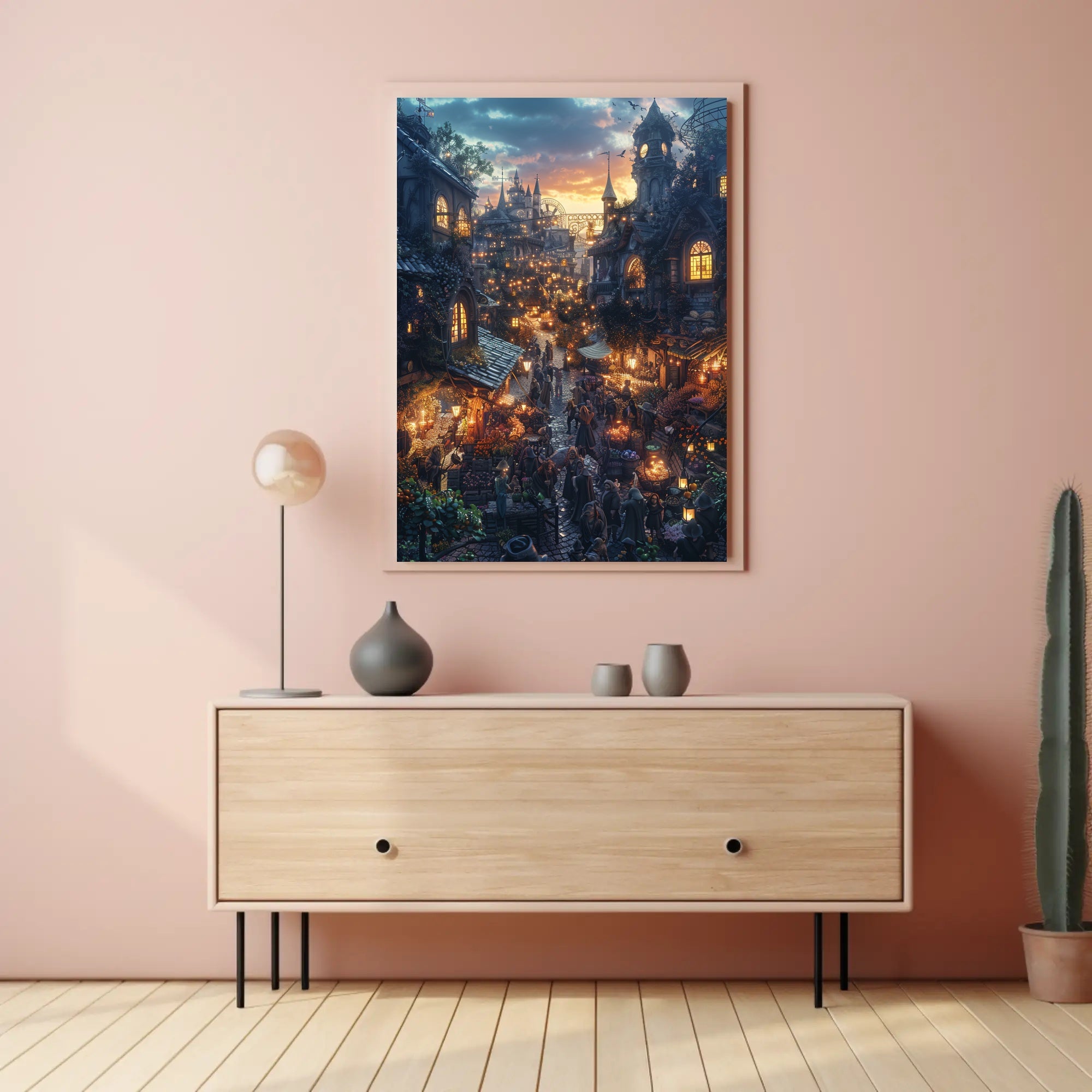 Whimsical Fantasy Market Scene Sunset Fantasy Poster PosterGoat